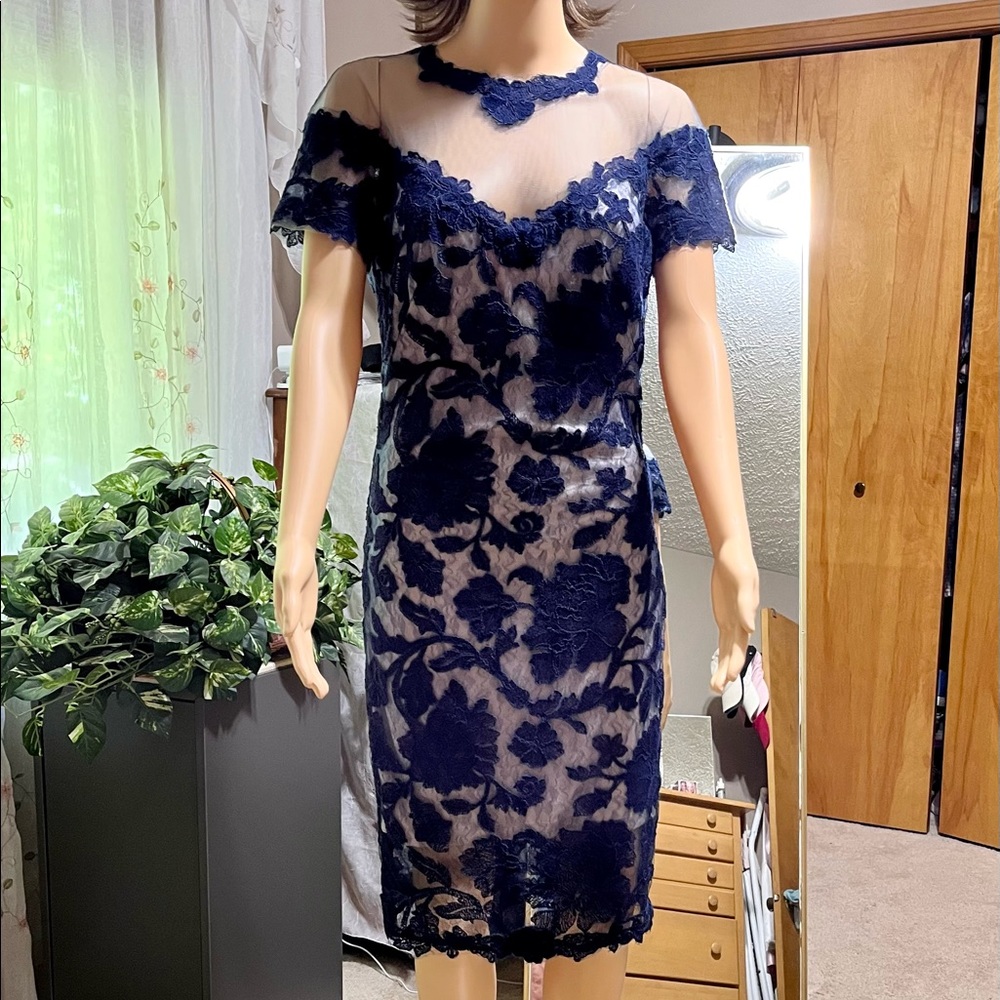 Tadashi Shoji Navy-Petal Pink Illusion Neck Dress
